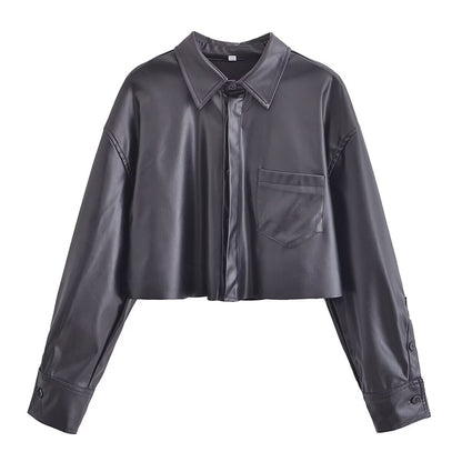 Winter Women Clothing Casual Faux Leather Long Sleeve Shirt