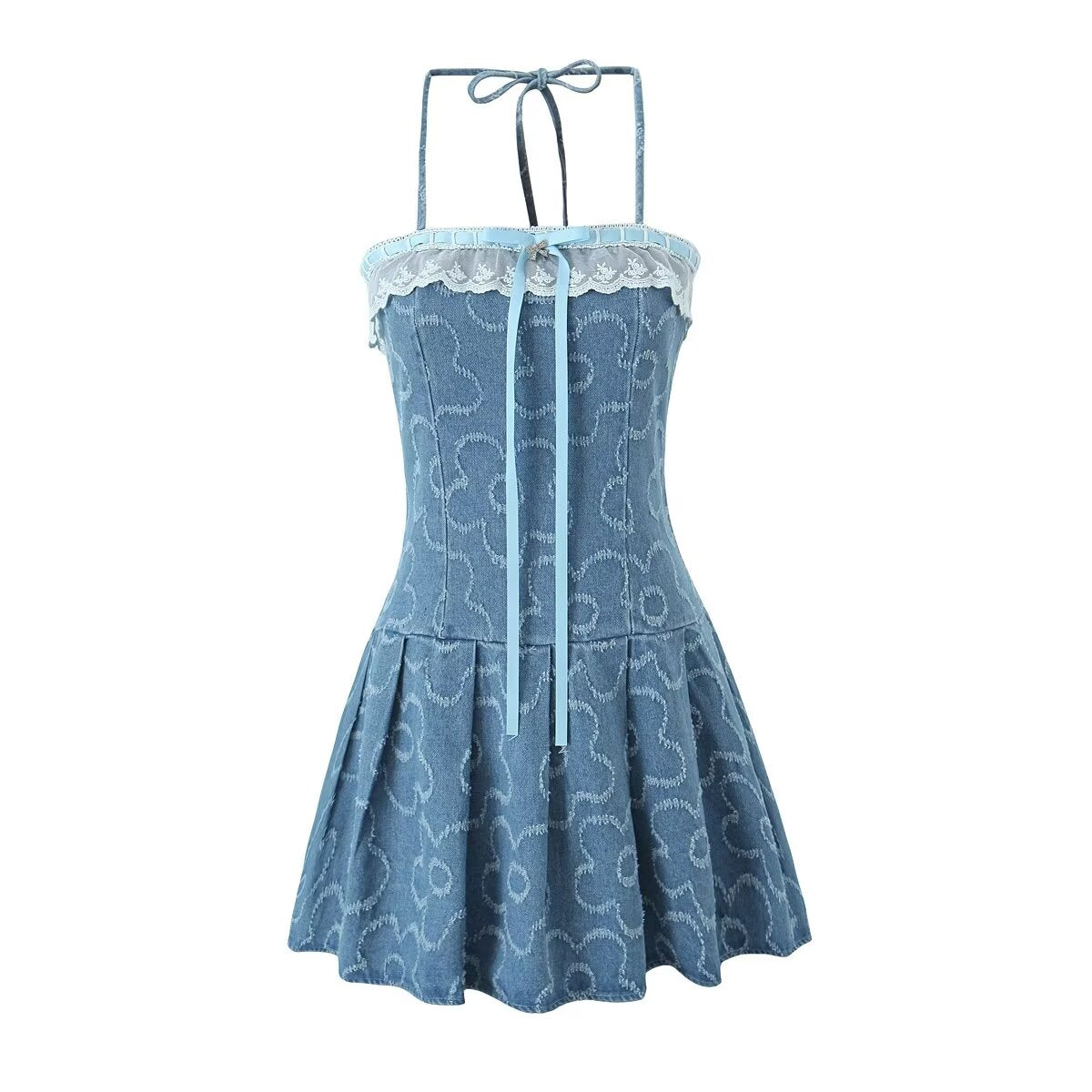 Spring Summer Blogger Lace Denim Jacquard Slim Sexy Strap Dress