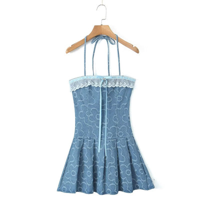 Frühling Sommer Blogger Spitze Denim Jacquard Schlank Sexy Strap Kleid