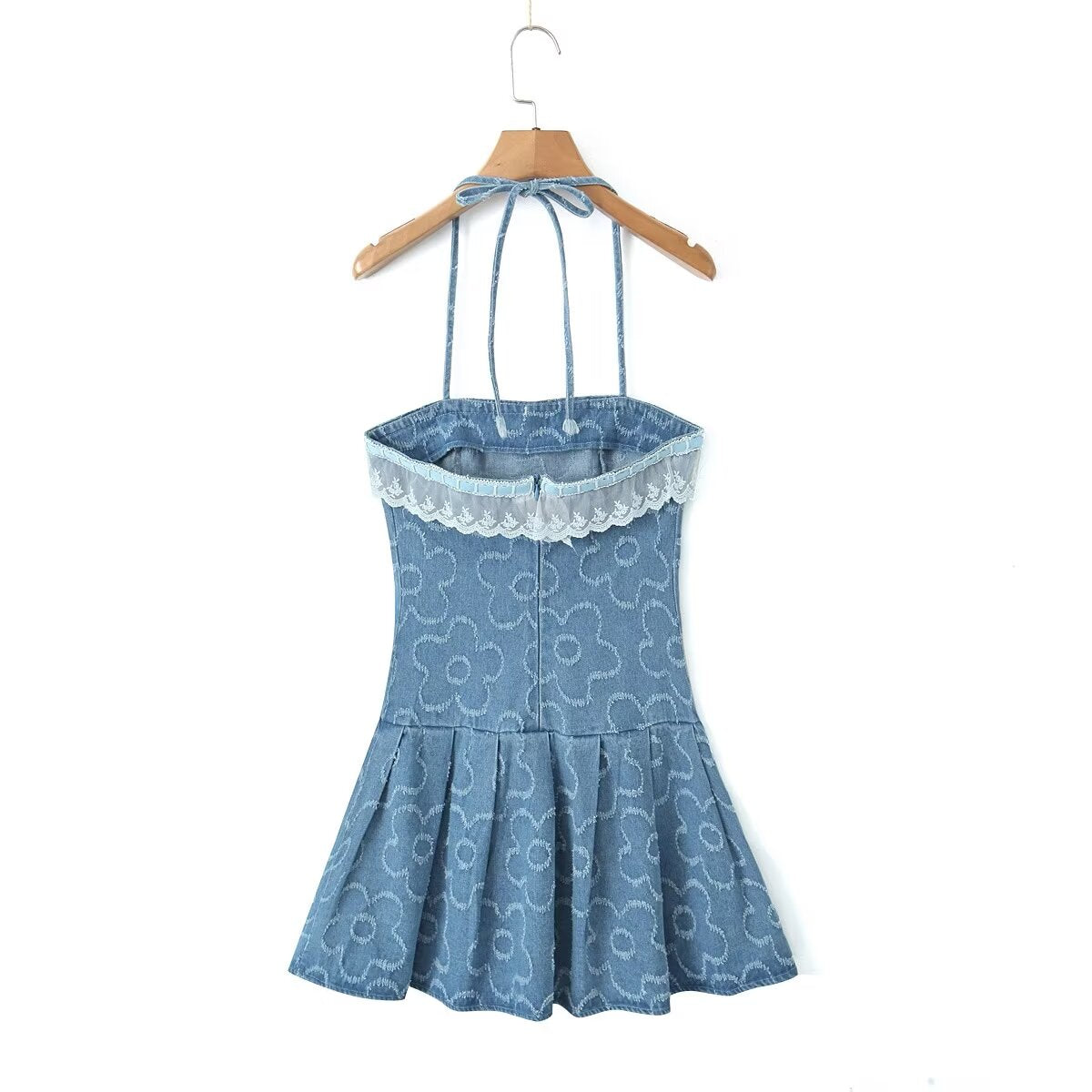 Spring Summer Blogger Lace Denim Jacquard Slim Sexy Strap Dress