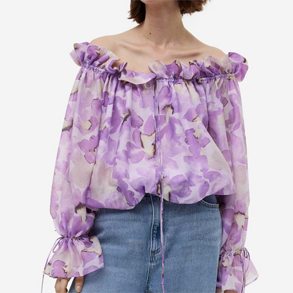 Winter Women Clothing Fashionable All Match Casual Purple Floral off Shoulder Top