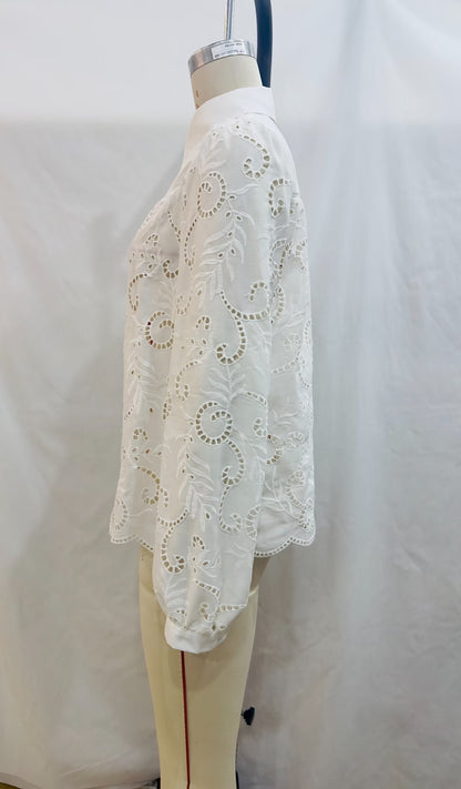 Summer Women White Crochet Long Sleeve Collared Shirt