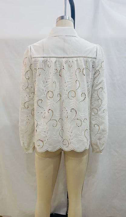 Summer Women White Crochet Long Sleeve Collared Shirt