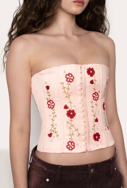 Damen Kleidung Französisches rosa Stickerei plus Perlen-Tube-Top