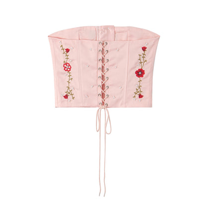 Damen Kleidung Französisches rosa Stickerei plus Perlen-Tube-Top