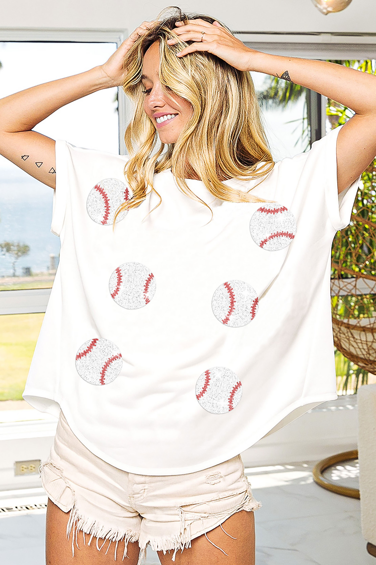 Camiseta de béisbol con lentejuelas para mujer, ropa de abrigo de manga corta con lentejuelas para primavera y verano