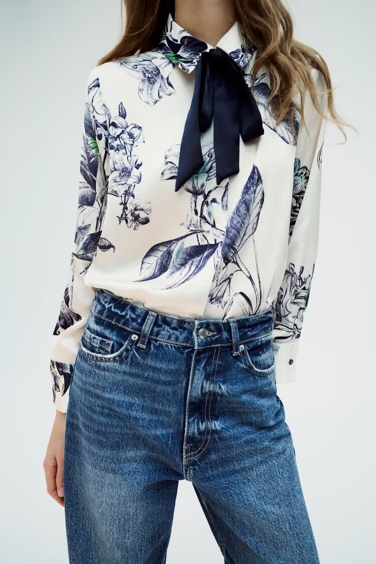 Spring Bowknot Decoration Printing Collared Casual Shirt