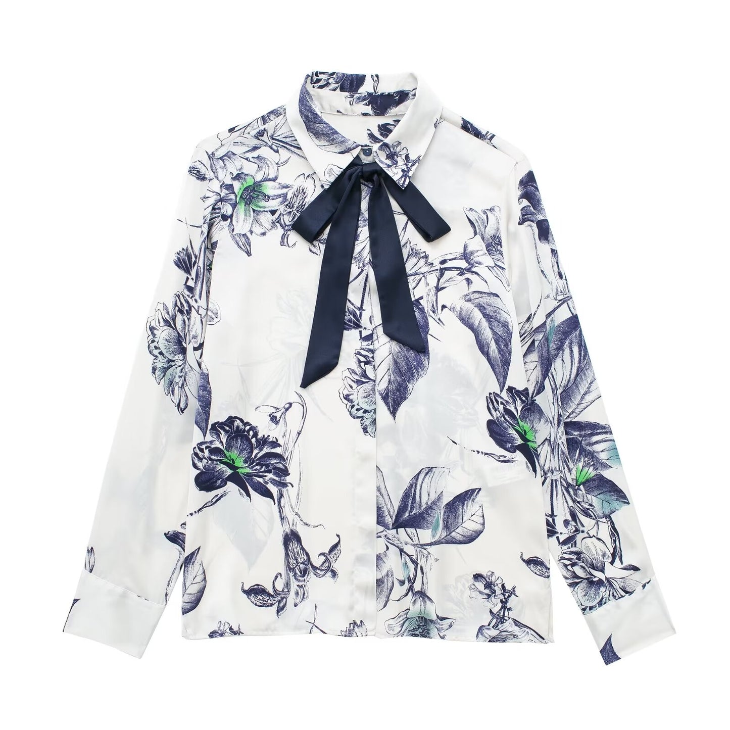 Spring Bowknot Decoration Printing Collared Casual Shirt