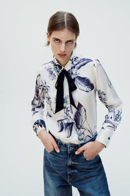 Spring Bowknot Decoration Printing Collared Casual Shirt