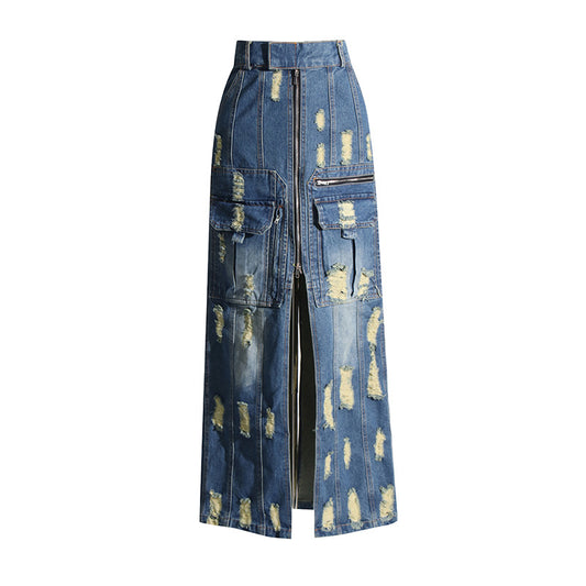 Spring Denim Skirt Split Design Worn Long High Waist Slimming A Line Long Skirt