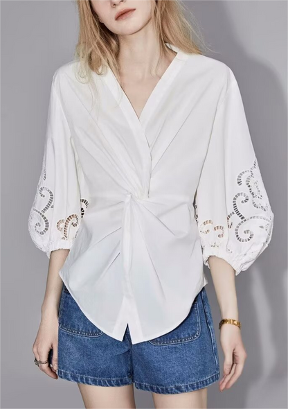 Camisa blanca francesa con cuello en V y manga larga para mujer, Tops adelgazantes finos de verano