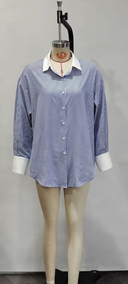 Camisa de manga larga a rayas con contraste de color para mujer, vestido ajustado de primavera, camisa informal, cárdigan, ropa para mujer