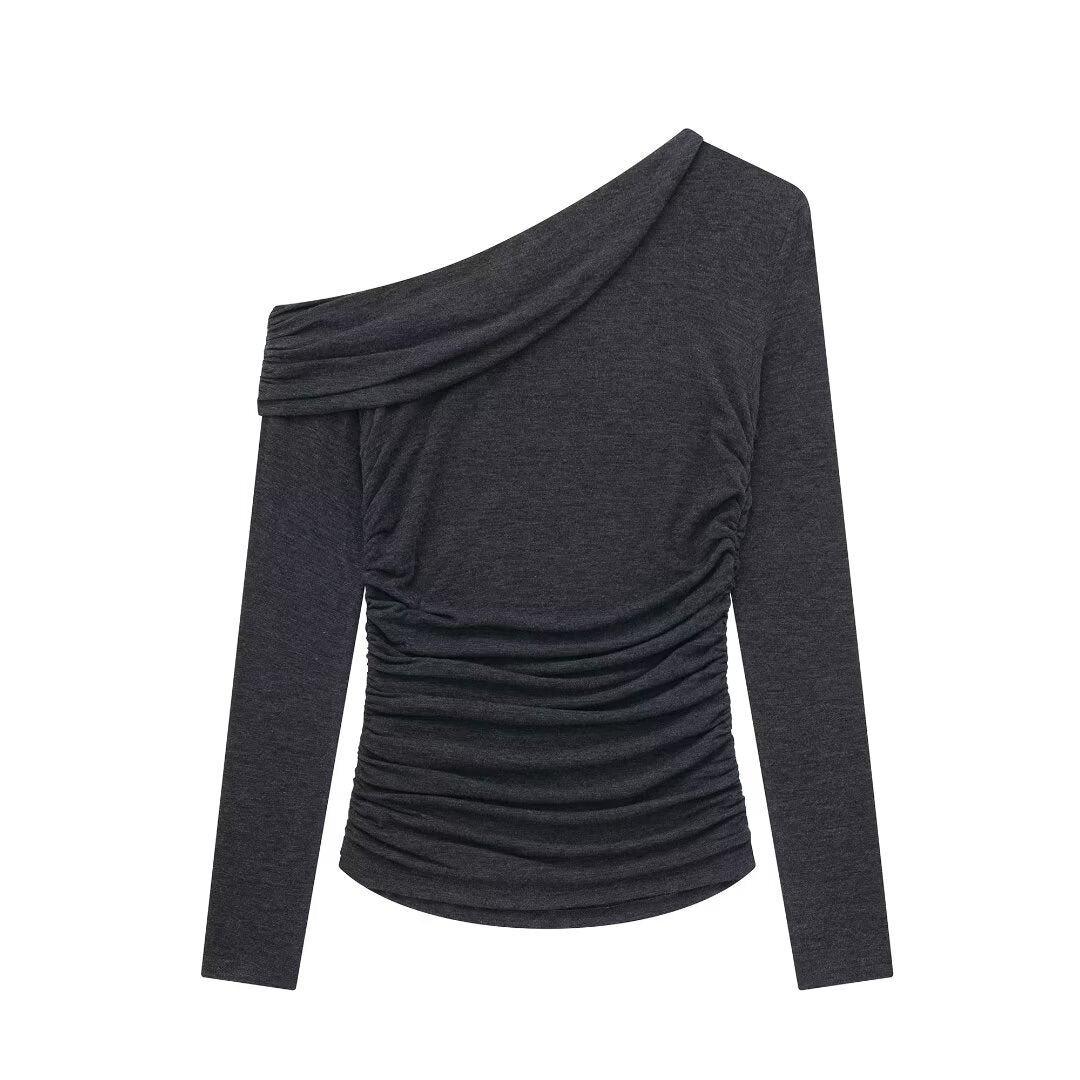 Spring Autumn Women Clothing Sexy off the Shoulder Asymmetric Fold Long Sleeve T shirt Bottoming Shirt Top