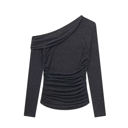 Spring Autumn Women Clothing Sexy off the Shoulder Asymmetric Fold Long Sleeve T shirt Bottoming Shirt Top