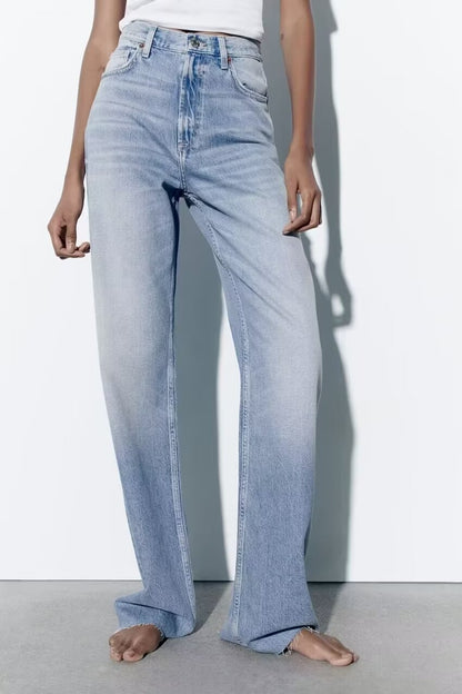 Washed Wear Weiße Jeans mit hoher Taille, lässige Hose mit weitem Bein, Frühling, lockere, bequeme, gerade Damenhose