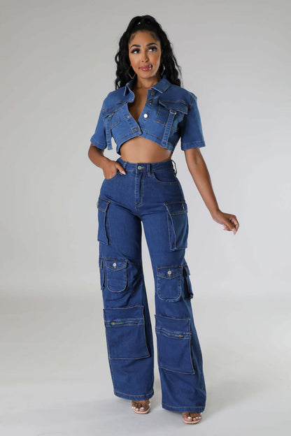 Multi Bag Bellows Pocket Jeans Wide Leg Pants Retro Casual Pants Overalls