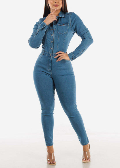 Slim Fit Stretch Long Sleeve Feet Mouth Wash Denim Jumpsuit Jumpsuit