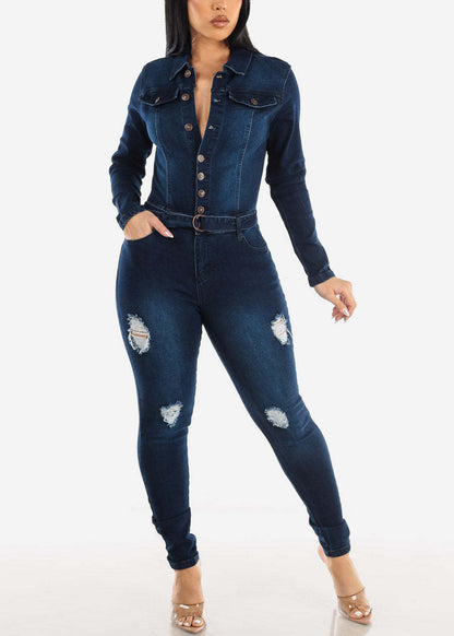 Schmaler, elastischer, enger, zerrissener, verwaschener Jeans-Overall mit langen Ärmeln