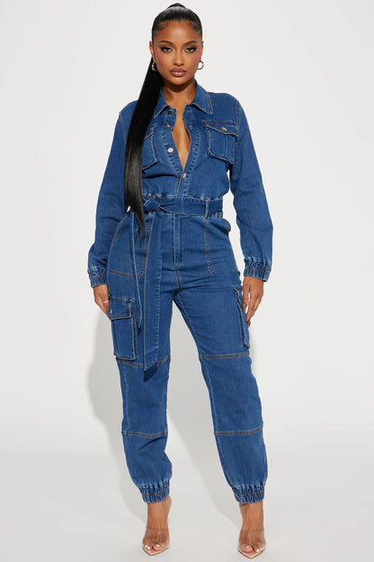 Street Waist Slimming Denim-Overall mit mehreren Taschen und elastischer Taille