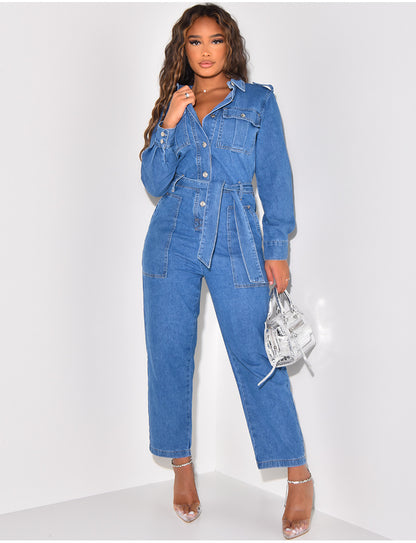 Platform Women Casual Sexy Pocket Denim One-Piece Belt Pants Wide Leg Pants