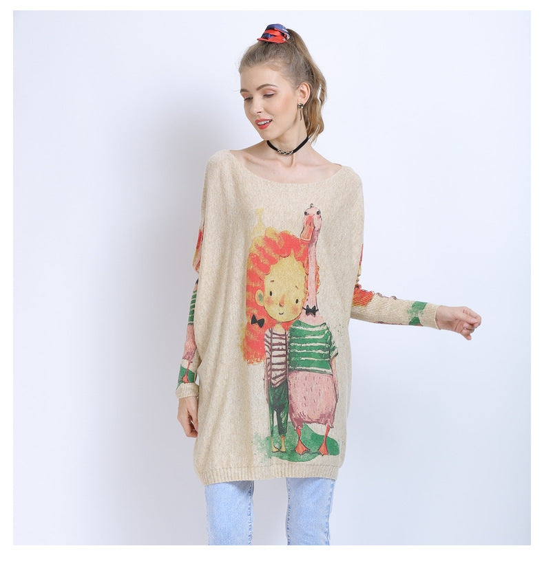 Frühling Frauen Kleidung Mollige Mädchen Casual Cartoon Animal Print gestrickte Pullover Top