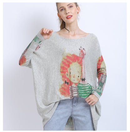 Spring Women Clothing Plump Girls Casual Cartoon Animal Print Knitted Pullover Top