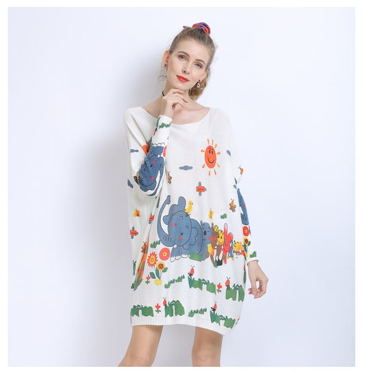Spring Autumn Women Clothing Sweater Loose Elephant Printed Pullover Sweater