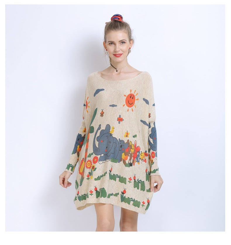Primavera otoño mujer ropa suéter suelto elefante impreso suéter