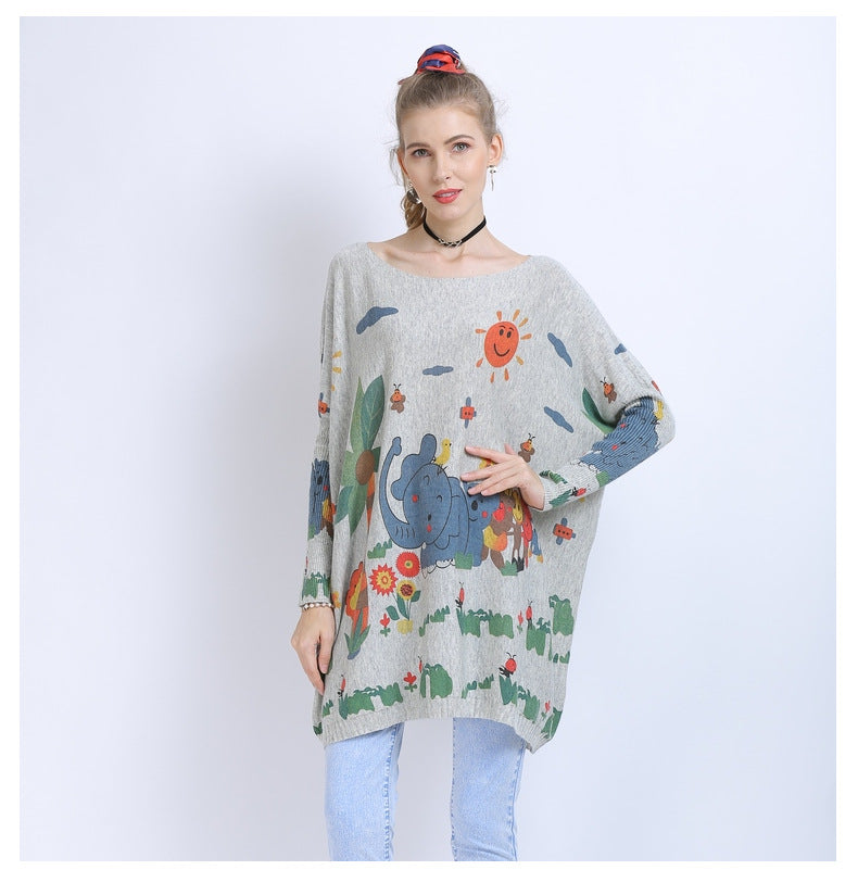 Primavera otoño mujer ropa suéter suelto elefante impreso suéter