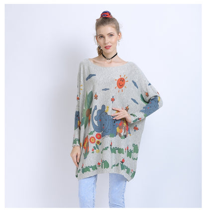 Spring Autumn Women Clothing Sweater Loose Elephant Printed Pullover Sweater