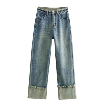 Smoke Tube Jeans Frühling Herbst Bördeln Hohe Taille Lose Kleine Abnehmen Gerade Baguette Hose