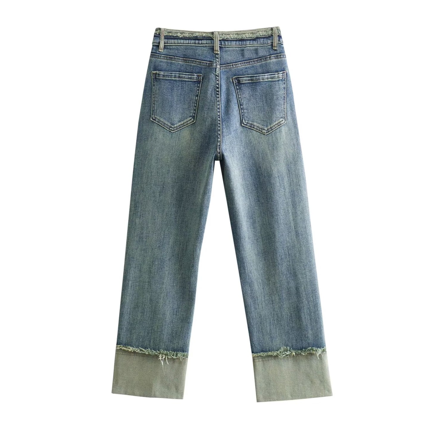 Pantalones vaqueros de tubo de humo primavera otoño con reborde cintura alta sueltos pequeños adelgazantes pantalones Baguette rectos