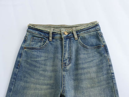 Pantalones vaqueros de tubo de humo primavera otoño con reborde cintura alta sueltos pequeños adelgazantes pantalones Baguette rectos