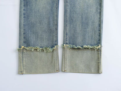 Smoke Tube Jeans Frühling Herbst Bördeln Hohe Taille Lose Kleine Abnehmen Gerade Baguette Hose