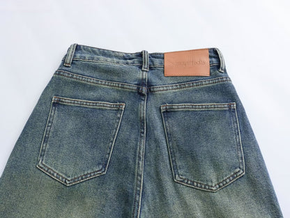 Retro-Jeans mit weitem Bein für Damen, Frühling und Herbst, hohe Taille, alles passend drapiert, Used-Look, schmale Version, Hose mit geradem Bein