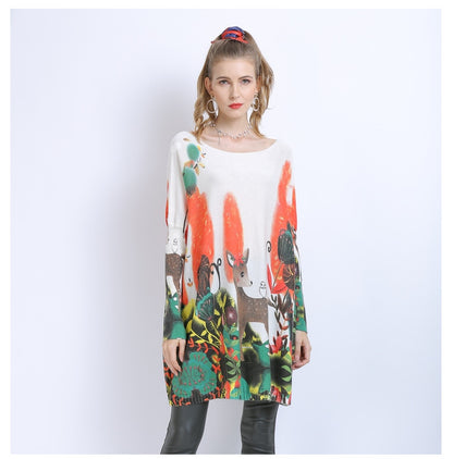 Spring Autumn Plump Girls Long Sleeve Flab Hiding Slimming Sweater Giraffe Printed Pullover Women