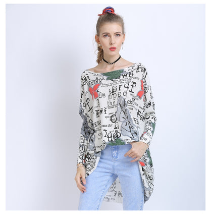 Suéter de camisa de ala de murciélago con un cuello para mujer, prenda de punto holgada con estampado de letras y mariposas, Top