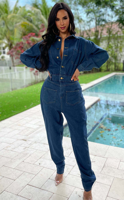 Slim Elastic Feet Wash Denim Jumpsuit