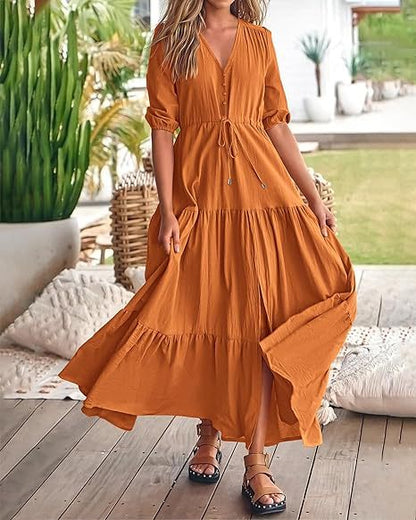 Women Clothing V neck Buttons Drawstring Slit Hemline at Hem Short Sleeve Dress