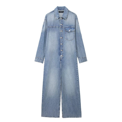 Spring Women Clothing Casual Long Denim Jumpsuit