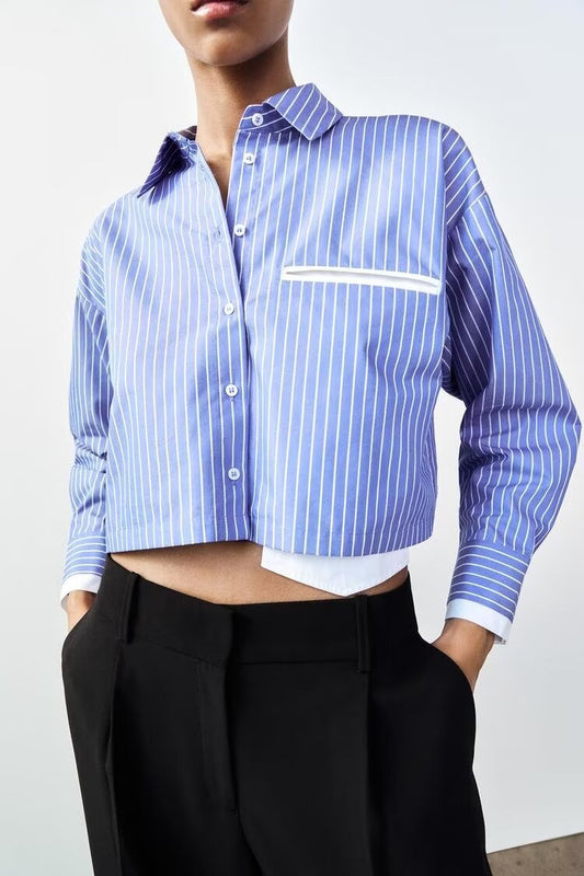 Spring Women Clothing Street Casual Top Striped Short Shirt