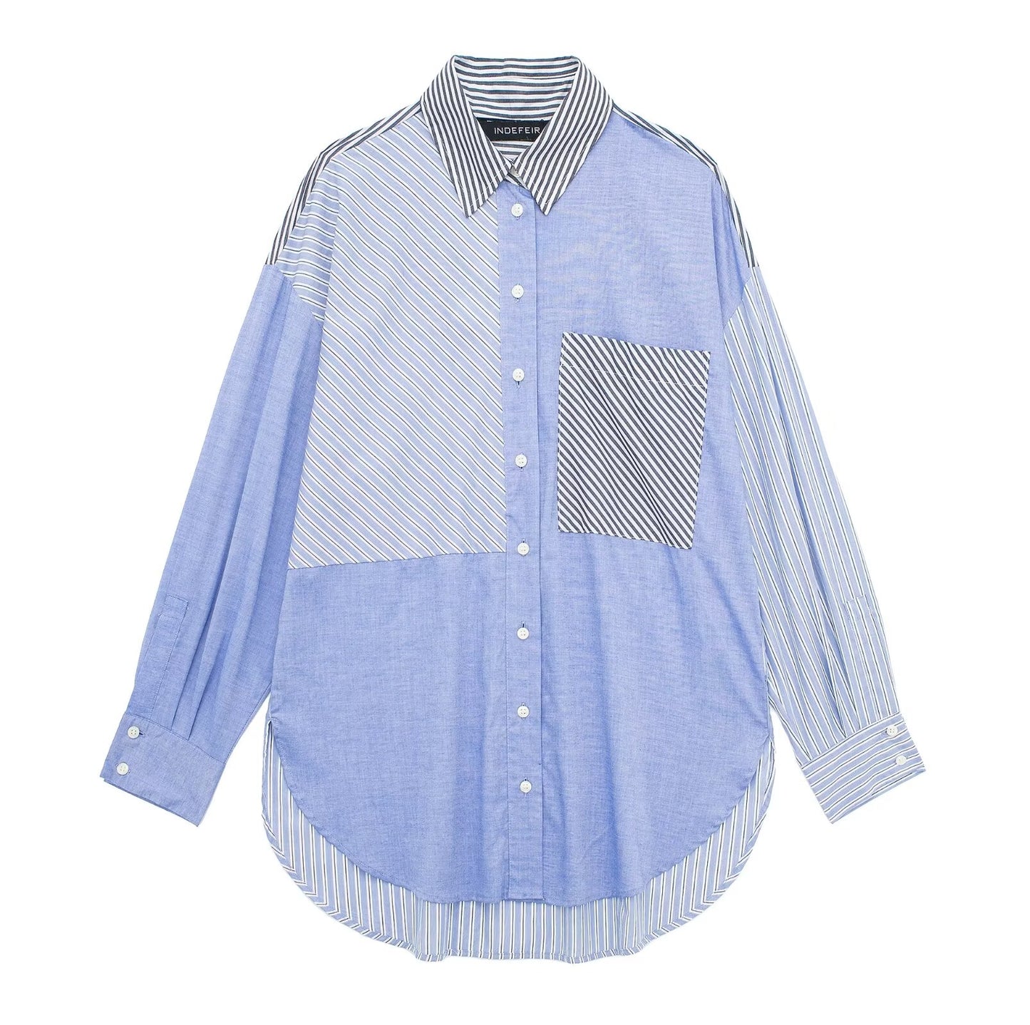 Women Spring Autumn Patchwork Striped Poplin Shirt Korean Loose Shacket