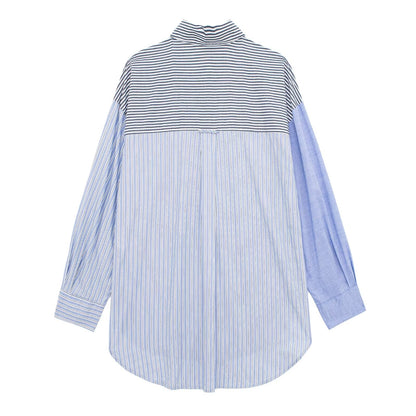 Women Spring Autumn Patchwork Striped Poplin Shirt Korean Loose Shacket