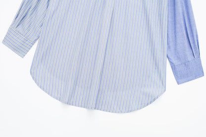 Women Spring Autumn Patchwork Striped Poplin Shirt Korean Loose Shacket