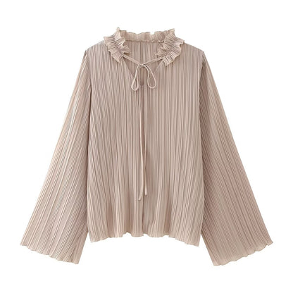 Spring Summer Pleated Chiffon Shirt Women Romantic Fungus Lace-up Loose Casual Simple