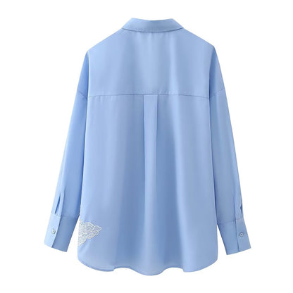 Summer Women Clothing Beads Decoration Collared Long Sleeve Short Shirt