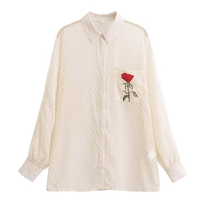 Spring Women Long Sleeved Three Dimensional Polka Dot Rose Shirt