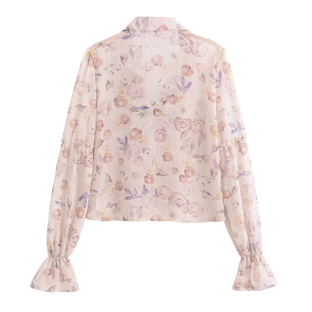 Spring Chic with Scarf Collar Long Sleeve Printed Shirt Feather Decorative Sleeve Women Top