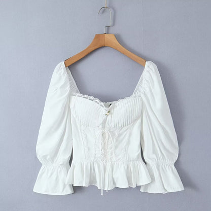 Ruffled Square Collar Lace Up Pleated Waist Tight Puff Sleeve Short Shirt Long Sleeve Top Women