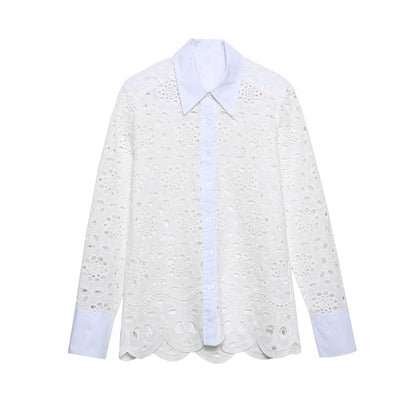 Spring Collared Long Sleeve Buckle Embroidered Hollow Out Cutout Design Shirt Women